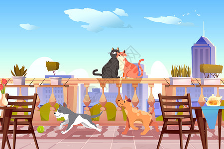 猫咪和狗狗在栏杆阳台上嬉戏打闹追逐的萌宠卡通插画插画