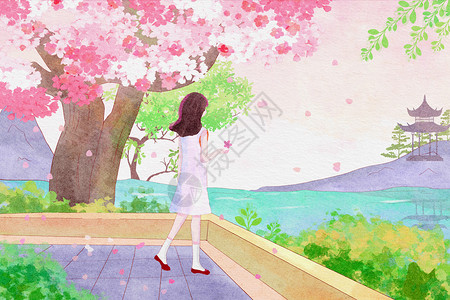 樱花少女风赏樱插画背景图片