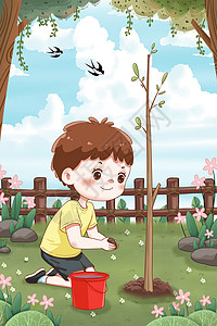 春天植树节在草地上种树的小孩插画图片