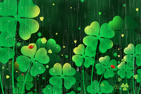 绿色花雨图案小清新惊蛰幸运草插画插画