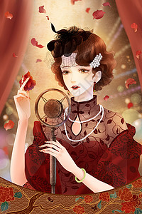 玫瑰花灯光三月八日妇女节民国风插画穿旗袍的女子插画