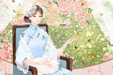 女人樱花女神节抱着猫咪穿旗袍的女子唯美民国风插画插画