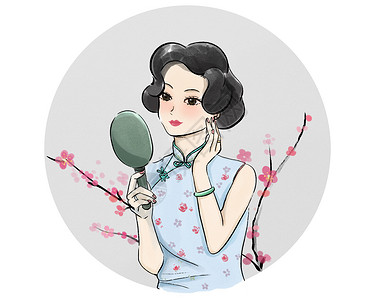 上海旗袍照镜子的旗袍女人插画