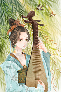 古筝古风素材弹琵琶的古代女子古风插画中国风插画