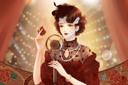 民国风古典美女演绎茶文化穿旗袍唱歌的女子民国风插画GIF高清图片