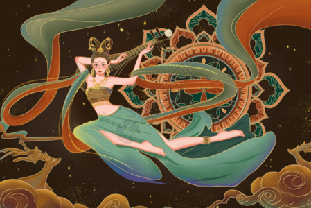 飞天耶稣飞天少女反弹琵琶之敦煌中国风插画GIF高清图片