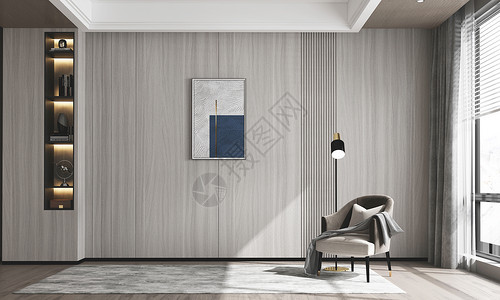 实木护墙板现代极简客厅背景墙设计图片