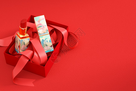 口红礼盒红色口红丝带礼盒电商背景设计图片