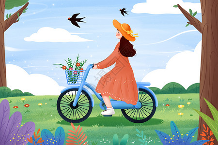 骑自行车出门踏青的女生卡通插画高清图片
