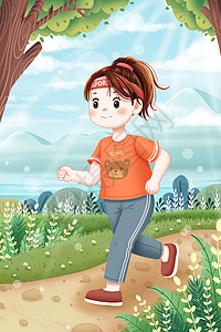 森林养生户外小路上跑步健身的女孩插画