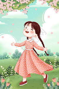 春天桃花树下开心的小女孩卡通插画图片