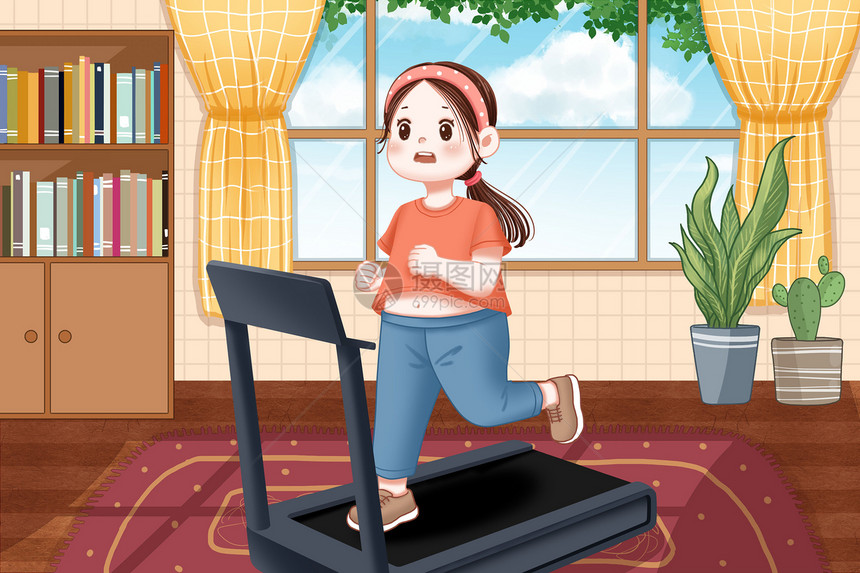 居家跑步机上运动减肥的女生卡通插画图片