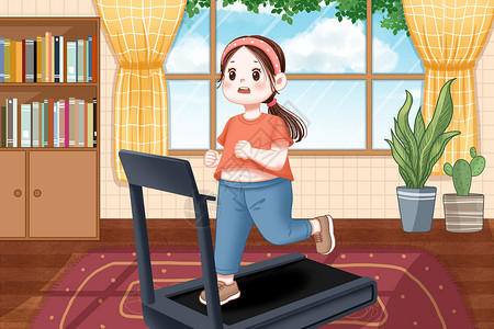 居家跑步机上运动减肥的女生卡通插画高清图片