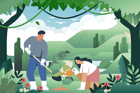 绿化修剪植树节男人女人森林里种树扁平插画插画