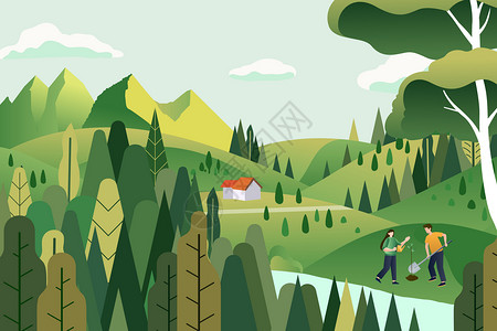 植树节扁平字体在森林和朋友一起植树矢量插画插画