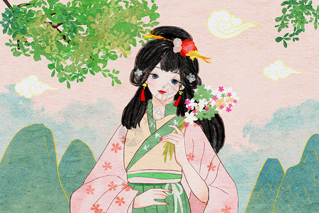 上巳节古风拿着花卉少女仿水彩插画图片