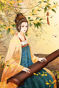 中国风古筝弹古筝的古代女子古风插画中国风插画