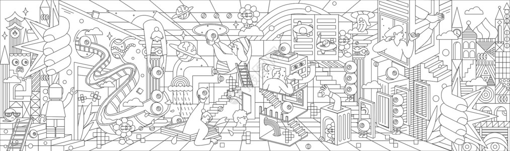 创意孟菲斯梦想中五彩斑斓的世界长卷线稿插画插画