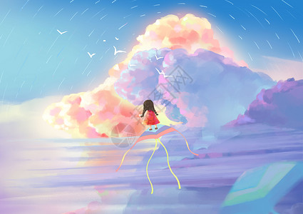 多彩儿童梦幻治愈系小女孩乘着风筝飞往云层卡通插画插画