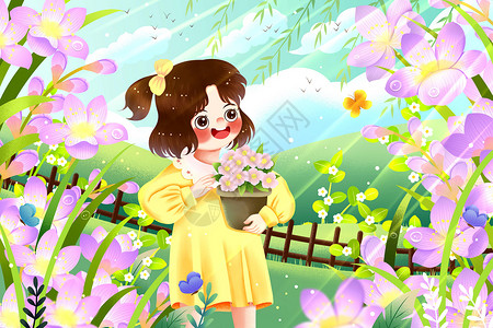 小清新春分种花女孩与紫色小苍兰插画图片