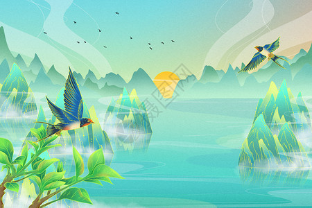 二十四节气国潮山水燕子手绘插画背景图片