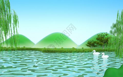 插画鸭子春江水暖3D场景设计图片