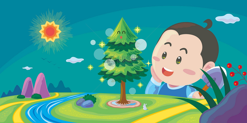 绿色卡通小男孩种树之植树节插画图片