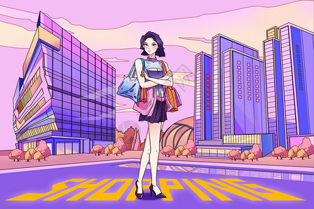 紫色扁平女神节购物卡通插画背景图片