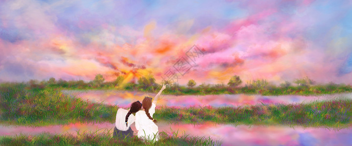日落颜色与闺蜜好朋友观赏草原唯美日落风景插画