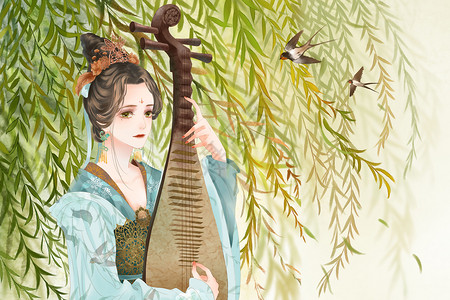 弹琵琶的古代女子古风插画图片