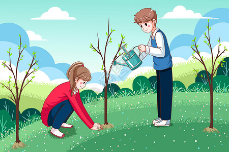 土里小树苗和同学一起种树给小树浇水卡通插画插画