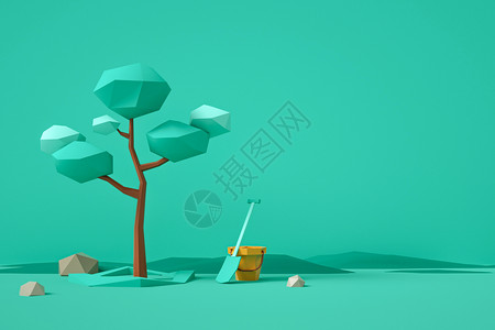 卡通水桶包low poly风格植树背景设计图片