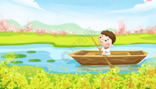带小黄帽小孩春分时节江畔划船的小朋友GIF高清图片