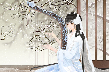 日韩美女古代女子弹箜篌古风横板插画插画