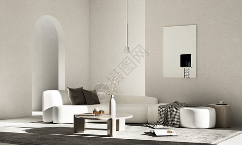 现代卧室效果图3D简约风客厅场景设计图片