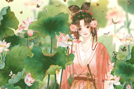 荷花白色蝴蝶围绕的古代女子古风唯美插画GIF高清图片