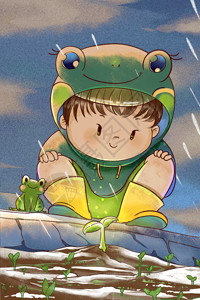 树叶遮雨青蛙春分之小男孩看着小树苗发芽可爱卡通插画GIF高清图片