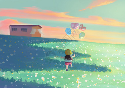 樹影春天草地上拿气球奔跑着的女孩小清新插画插画