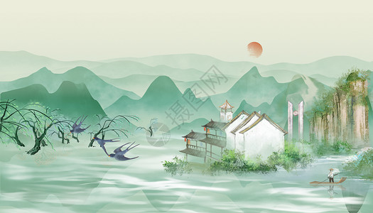 中国风房屋写实国风春日背景设计图片