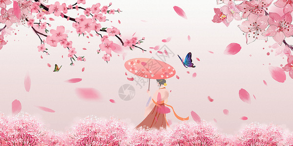 春天桃花朵朵开桃花人物背景设计图片