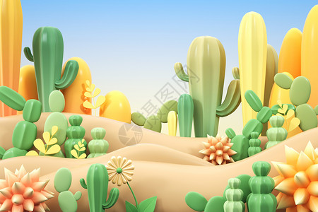 沙漠中的仙人掌背景手绘图仙人掌植物场景设计图片