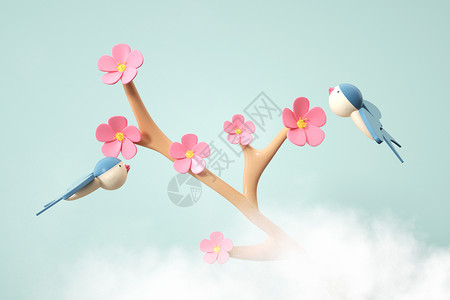 两只喜鹊春季喜鹊桃花背景设计图片