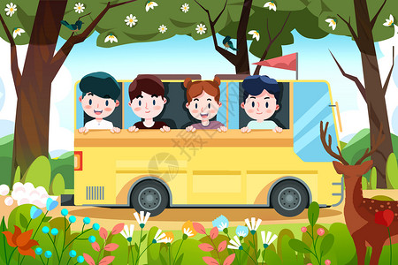 组团出游春天踏青出游孩子一起乘车森林春游插画