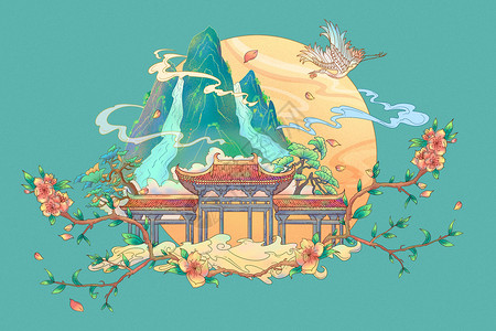 红花荞麦清明节国潮古风仙鹤高山流水风景插画插画