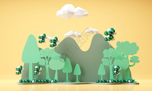 绿树树林3D卡通剪纸风春天场景设计图片