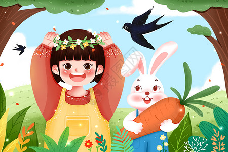 女孩和小兔子在林中玩耍背景图片