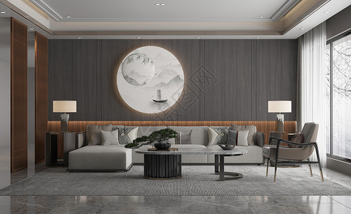 3D松树新中式客厅场景设计图片