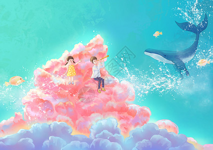 拿着望远镜看远方的儿童在云朵上看星空中鲸鱼的儿童插画