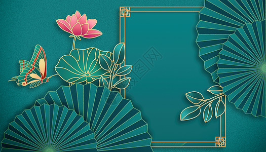 莲花和边框绿色莲花国潮边框背景设计图片