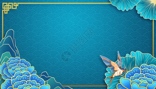 蓝色花瓣灯笼典雅雕花国潮边框背景设计图片